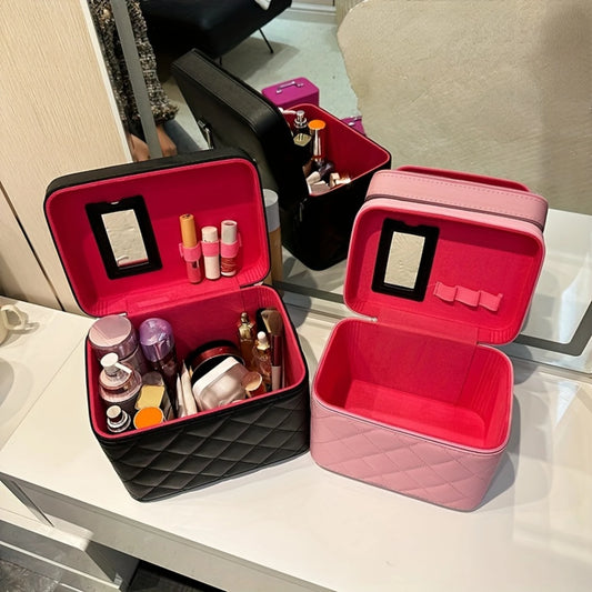 Argyle Quilted Cosmetic Box - Large Capacity Makeup Bag, Zipper & Handle, Portable Carrying Case