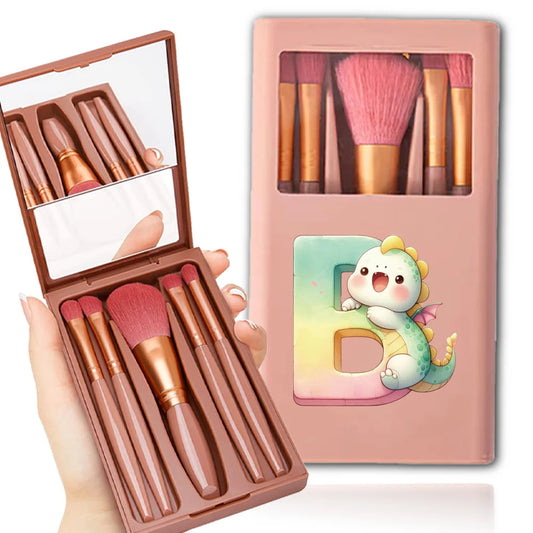 5PCS Dustproof Makeup Brush Box Bring A Mirror Portable Cosmetic Brushes Case Cartoon Animal Initial Name 26 Letters Pattern